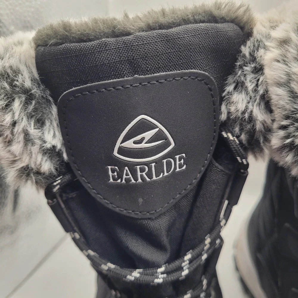 Earlde Mens Black Faux Fur Lined Winter Snow Boots Size 8 Lace Up Quilted Rugged